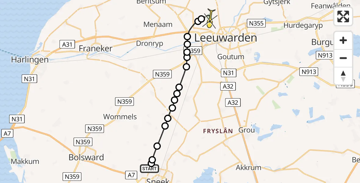 Routekaart van de vlucht: Ambulanceheli naar Vliegbasis Leeuwarden, Ivige Leane