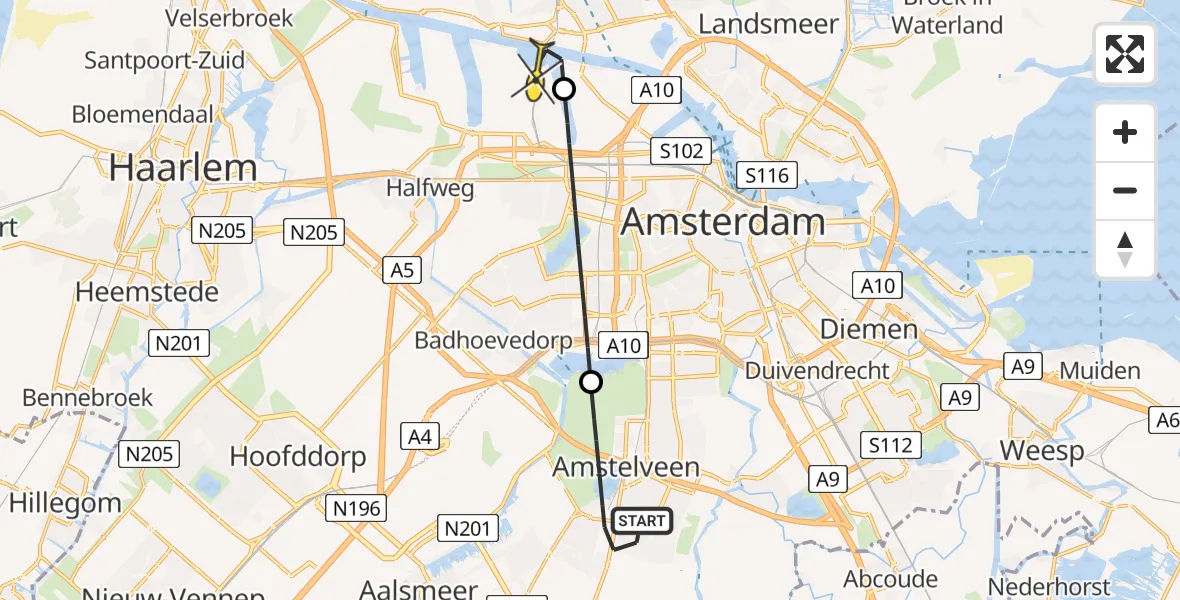 Routekaart van de vlucht: Lifeliner 1 naar Amsterdam Heliport, De Nessermolen