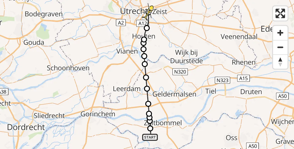 Routekaart van de vlucht: Lifeliner 3 naar Universitair Medisch Centrum Utrecht, de Rampert