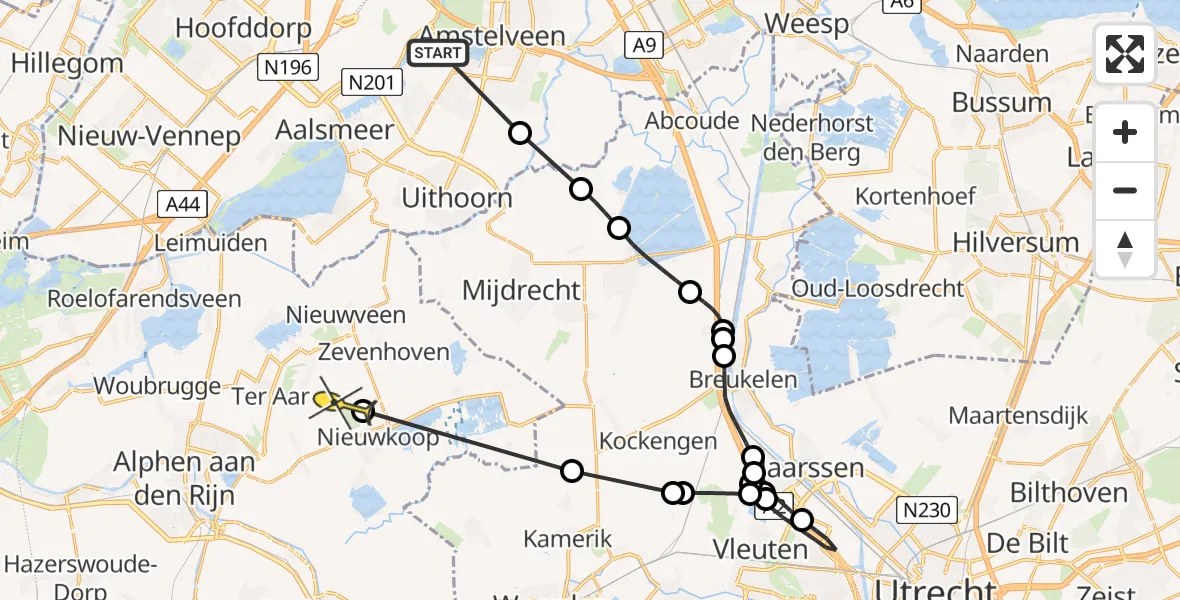 Routekaart van de vlucht: Politieheli naar Nieuwkoop, Ringdijk BP