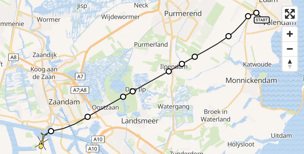 Routekaart van de vlucht: Lifeliner 1 naar Amsterdam Heliport, Monnickendammerjaagweg