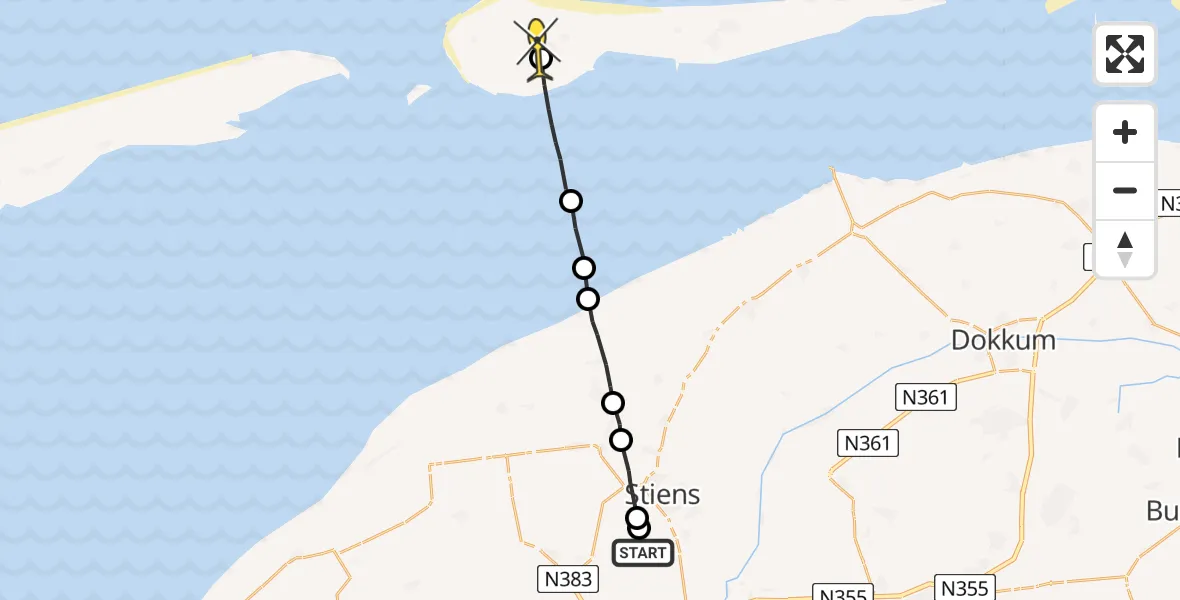 Routekaart van de vlucht: Ambulancehelikopter naar Ameland Airport Ballum, Skrédyk