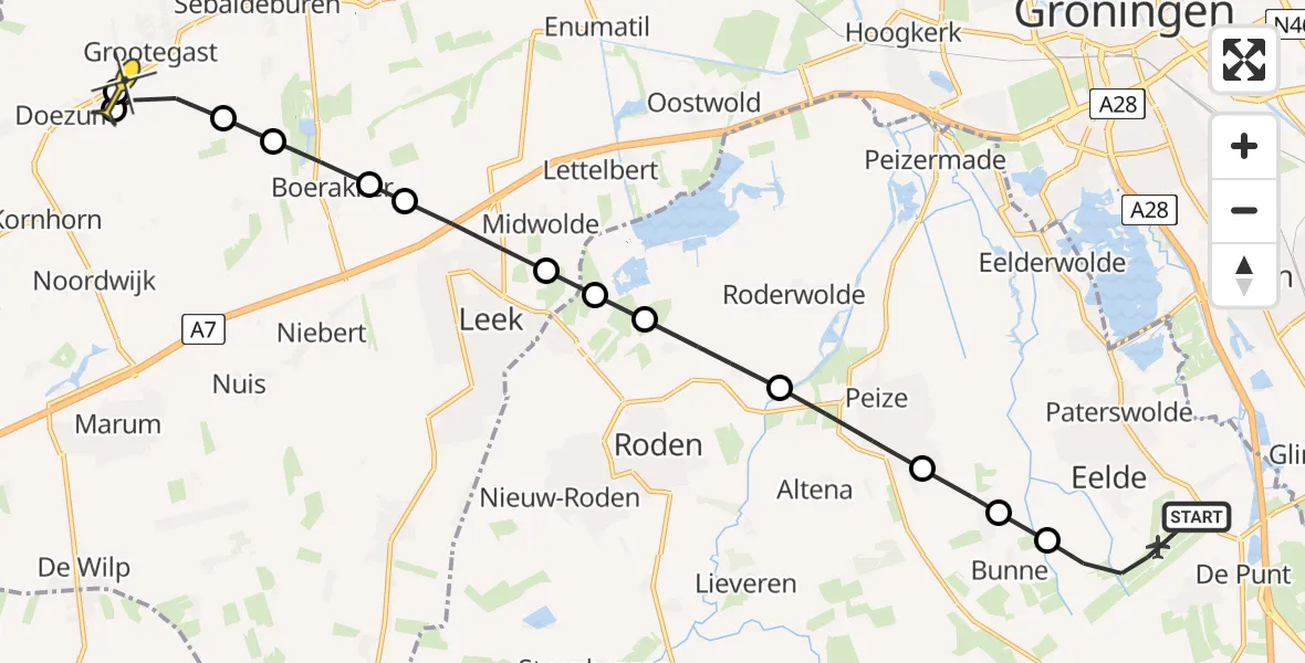 Routekaart van de vlucht: Lifeliner 4 naar Grootegast, Veldkampweg