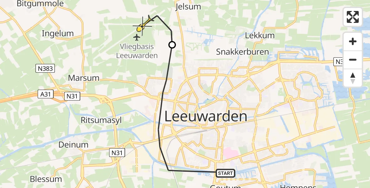 Vluchtroute Ambulancehelikopter van Leeuwarden naar Vliegbasis Leeuwarden