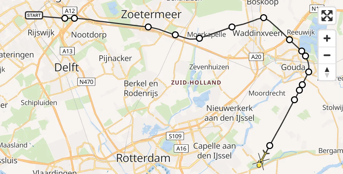 Routekaart van de vlucht: Politieheli naar Ouderkerk aan den IJssel, Virulylaan