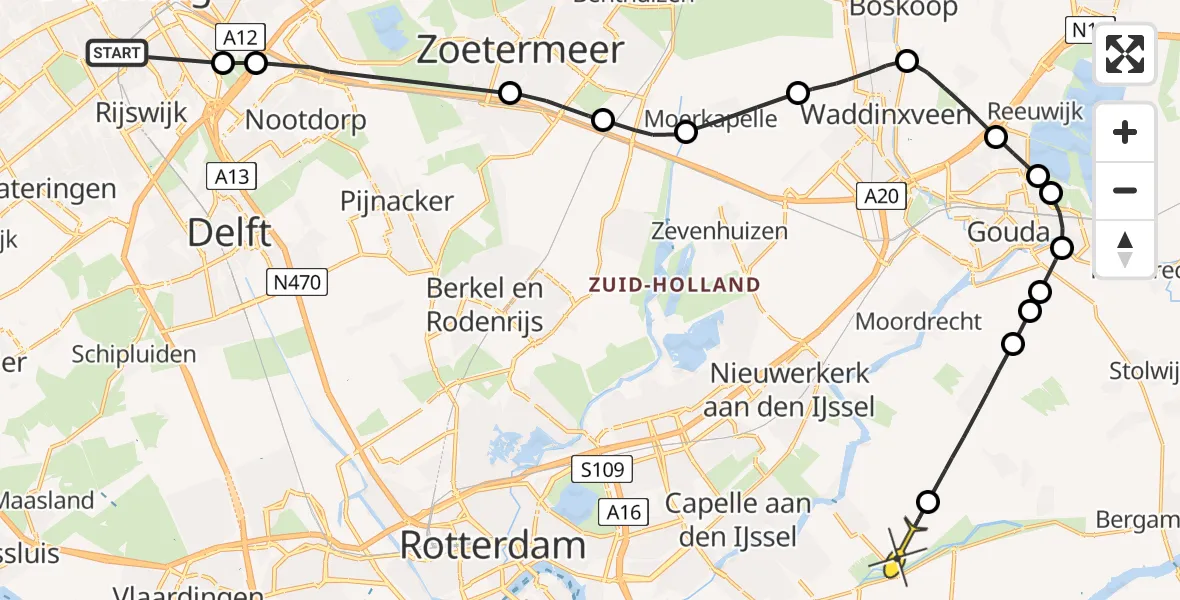 Routekaart van de vlucht: Politiehelikopter naar Ouderkerk aan den IJssel, Virulylaan