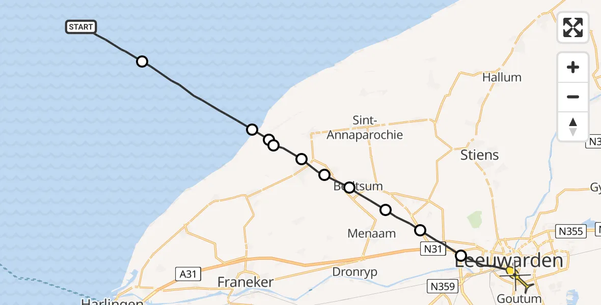 Routekaart van de vlucht: Ambulanceheli naar Leeuwarden, Borniastraat