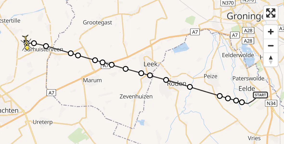 Routekaart van de vlucht: Lifeliner 4 naar Harkema, Veldkampweg