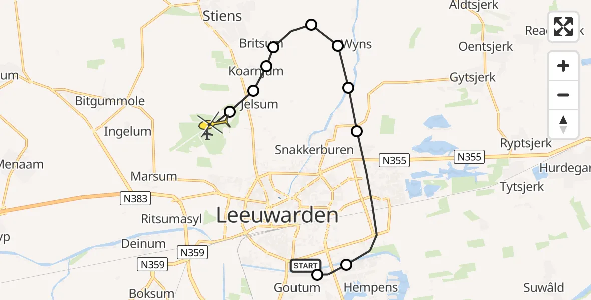 Vluchtroute Ambulancehelikopter van Leeuwarden naar Vliegbasis Leeuwarden