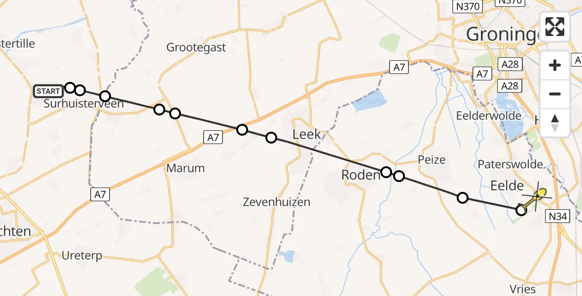 Routekaart van de vlucht: Lifeliner 4 naar Groningen Airport Eelde, De Buizerd