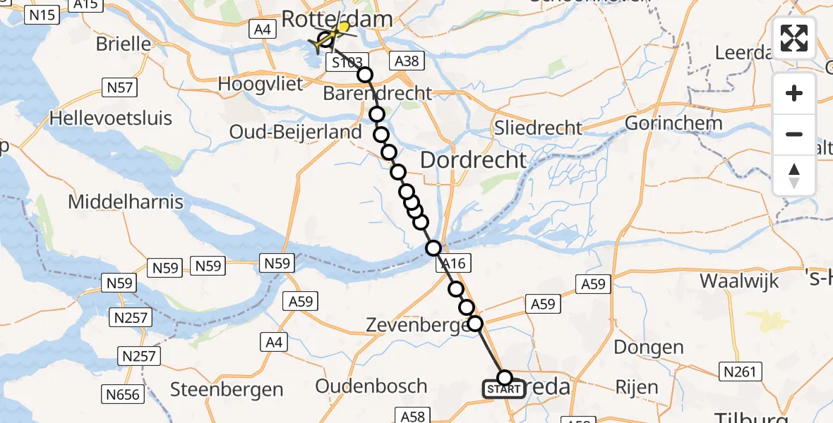 Routekaart van de vlucht: Lifeliner 2 naar Erasmus MC, 5 bankjes