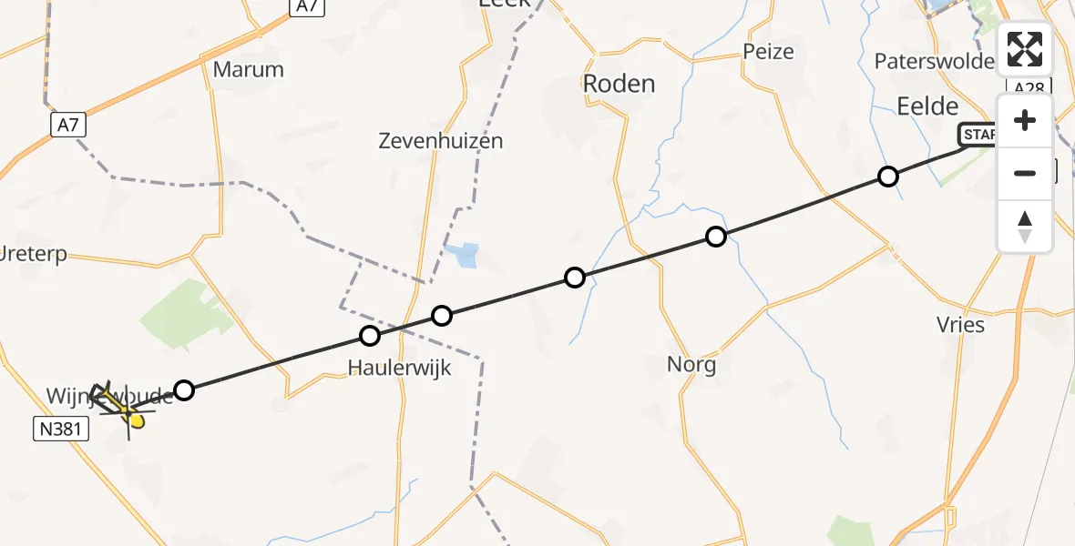 Routekaart van de vlucht: Lifeliner 4 naar Wijnjewoude, Veldkampweg