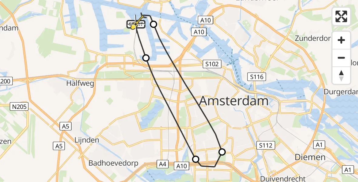 Routekaart van de vlucht: Lifeliner 1 naar Amsterdam Heliport, Corsicaweg