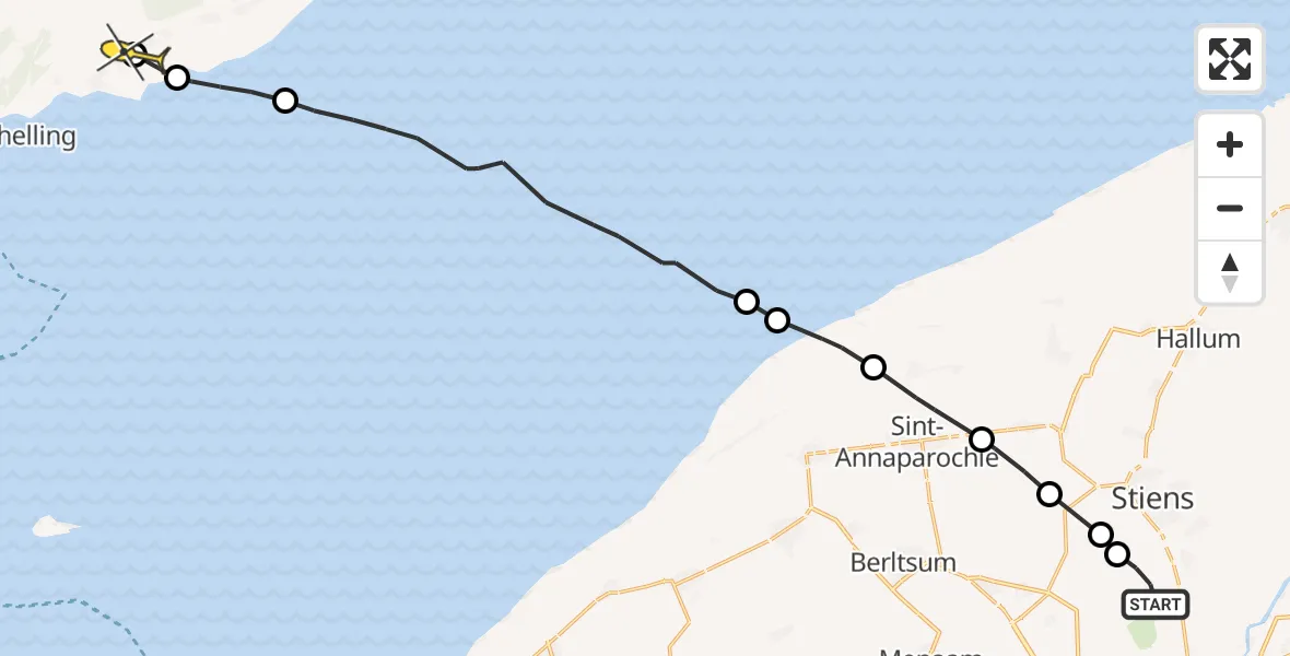 Routekaart van de vlucht: Ambulancehelikopter naar Midsland, Koarnjumer Feart