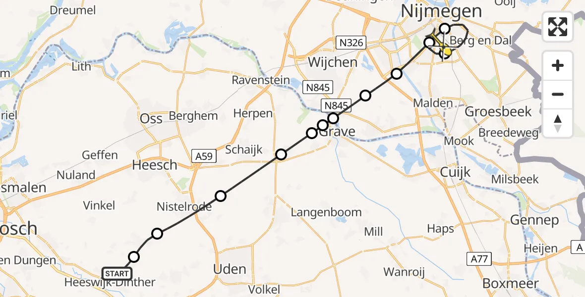 Routekaart van de vlucht: Lifeliner 3 naar Radboud Universitair Medisch Centrum, Heikantsedijk