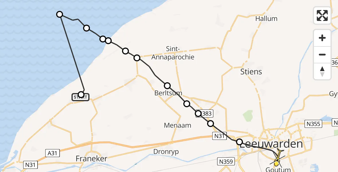 Routekaart van de vlucht: Ambulanceheli naar Leeuwarden, Borniastraat