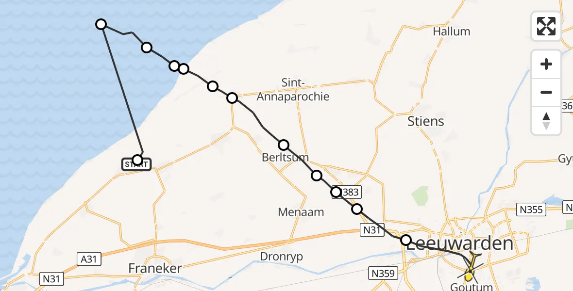 Routekaart van de vlucht: Ambulancehelikopter naar Leeuwarden, Borniastraat