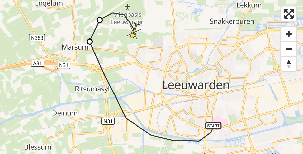 Vluchtroute Ambulancehelikopter van Leeuwarden naar Vliegbasis Leeuwarden