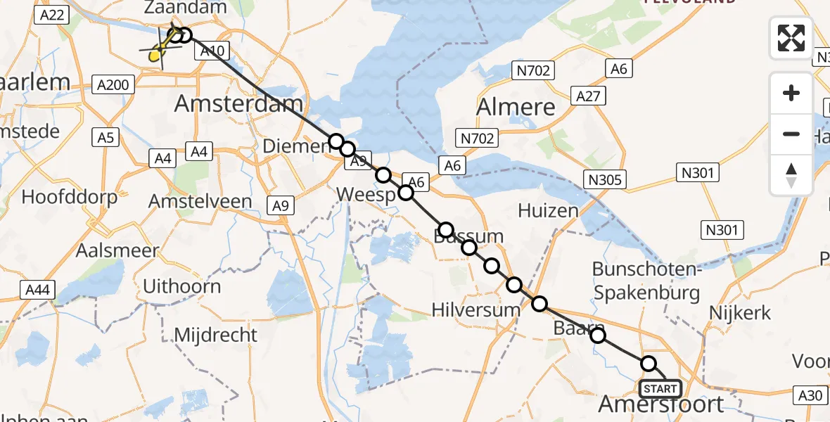 Routekaart van de vlucht: Lifeliner 1 naar Amsterdam Heliport, Oudegein