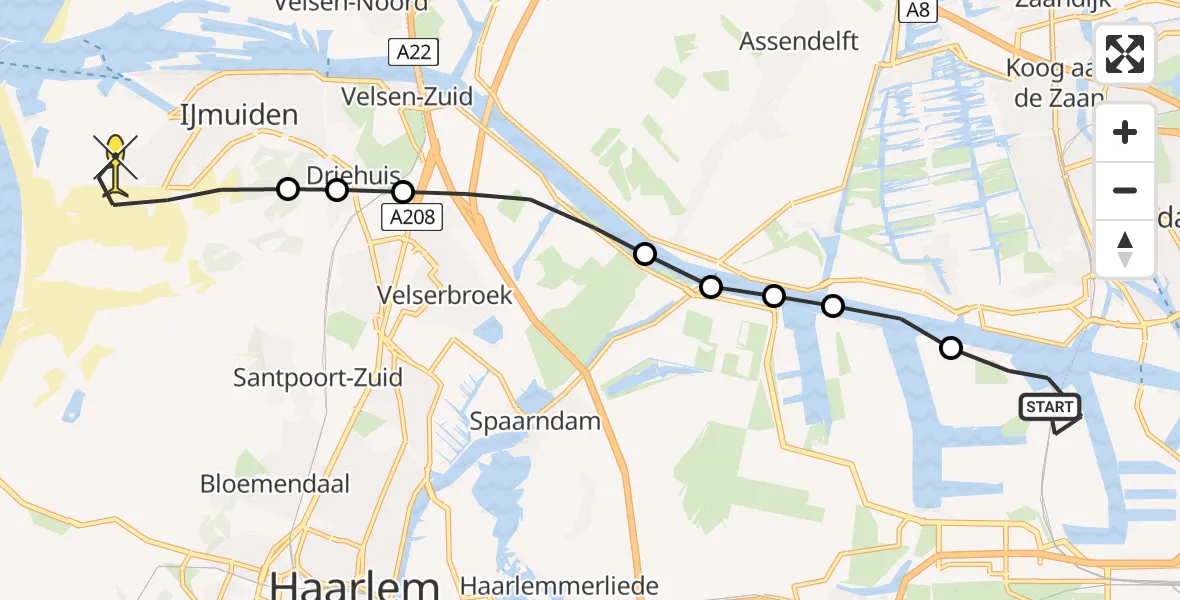 Routekaart van de vlucht: Lifeliner 1 naar IJmuiden, Elbaweg