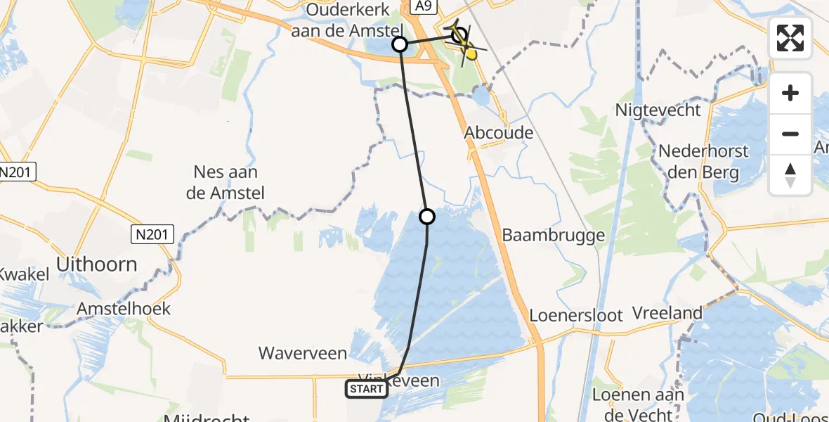 Routekaart van de vlucht: Lifeliner 1 naar Academisch Medisch Centrum (AMC), Baambrugse Zuwe