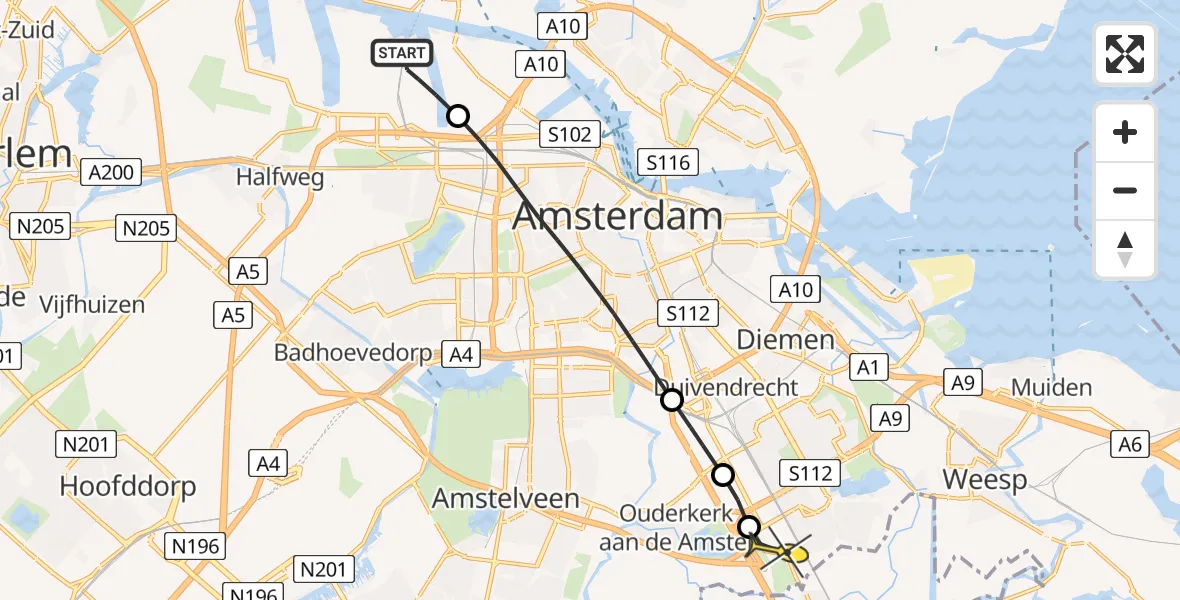 Routekaart van de vlucht: Lifeliner 2 naar Academisch Medisch Centrum (AMC), Bosporushaven