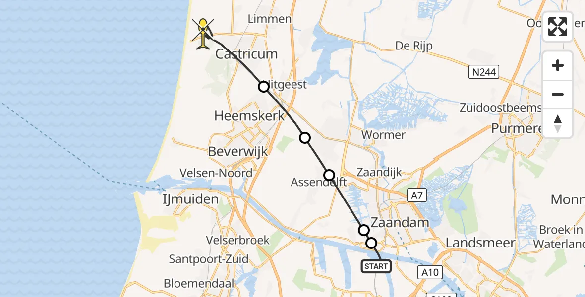 Routekaart van de vlucht: Lifeliner 1 naar Castricum, Capriweg