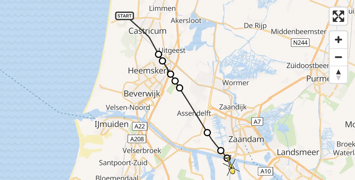 Routekaart van de vlucht: Lifeliner 1 naar Amsterdam Heliport, Watertorenpad