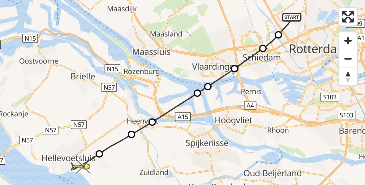 Routekaart van de vlucht: Lifeliner 2 naar Hellevoetsluis, Zestienhovensebaan