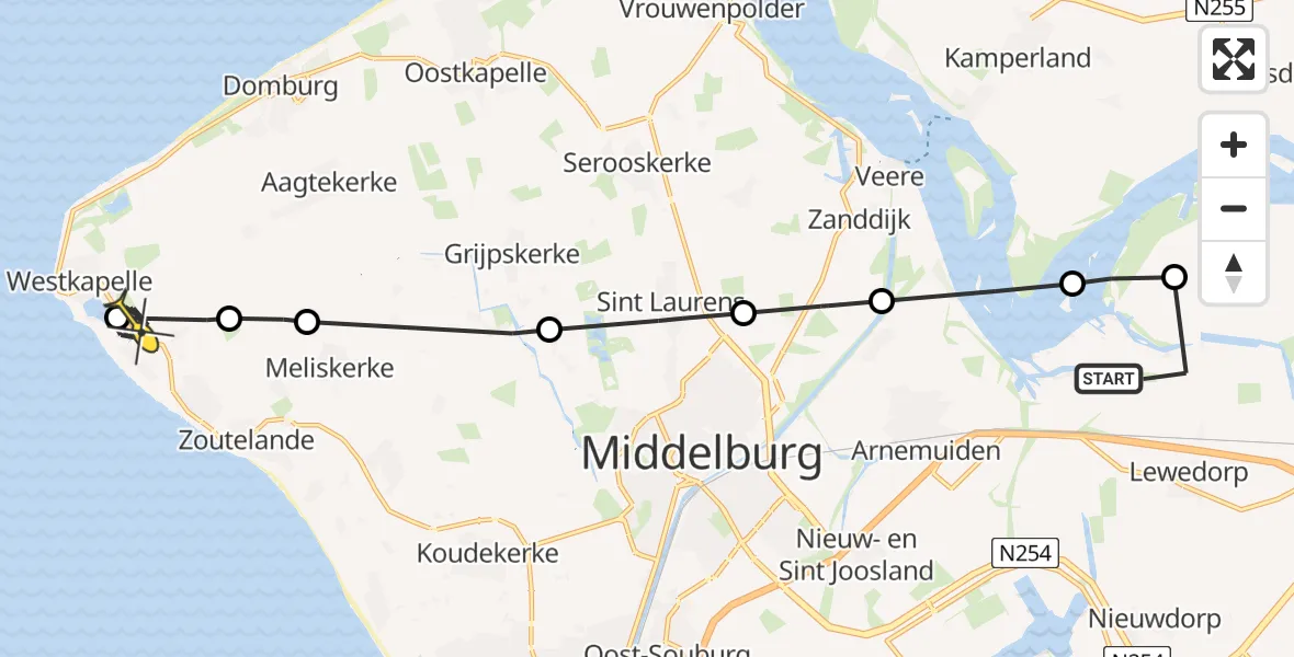 Routekaart van de vlucht: Kustwachthelikopter naar Westkapelle, Pietweg