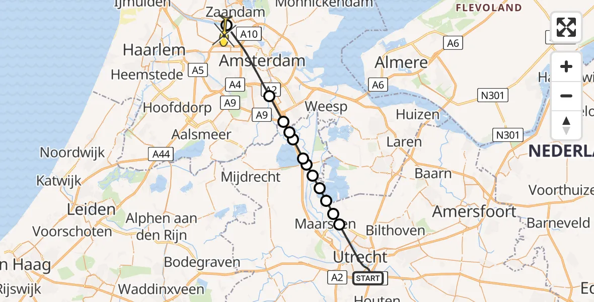 Routekaart van de vlucht: Lifeliner 1 naar Amsterdam Heliport, Rijndijk