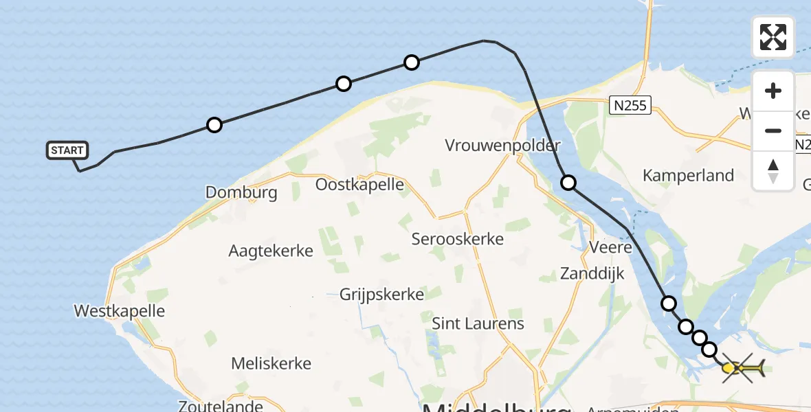 Routekaart van de vlucht: Kustwachthelikopter naar Vliegveld Midden-Zeeland, Calandweg