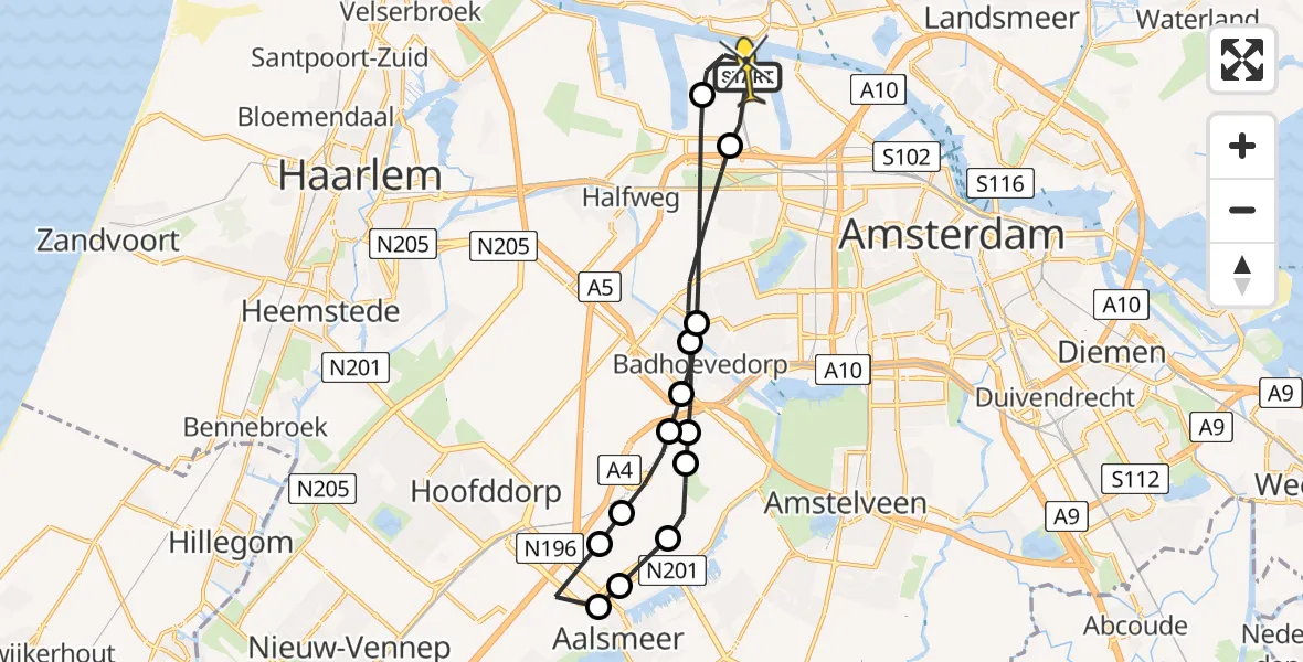 Routekaart van de vlucht: Lifeliner 1 naar Amsterdam Heliport, Nieuw-Zeelandweg