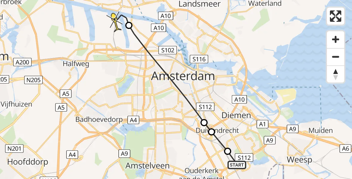 Routekaart van de vlucht: Lifeliner 1 naar Amsterdam Heliport, Bijlmerplein