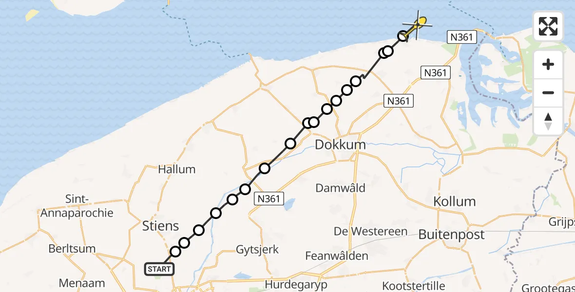 Routekaart van de vlucht: Ambulanceheli naar Nes, Brédyk