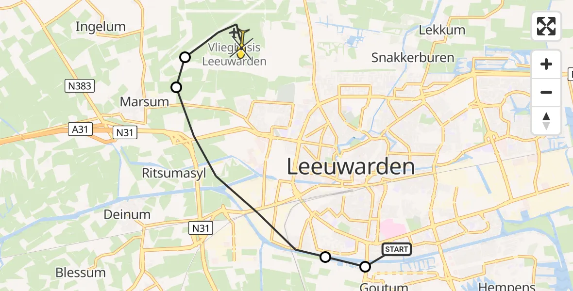 Vluchtroute Ambulancehelikopter van Leeuwarden naar Vliegbasis Leeuwarden