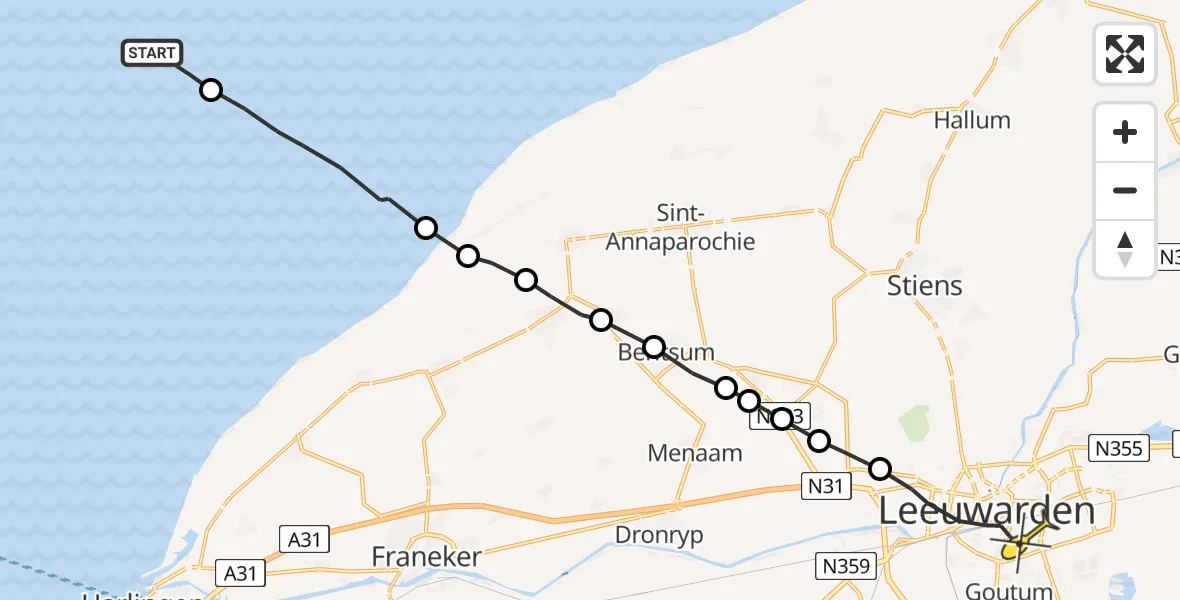 Routekaart van de vlucht: Ambulanceheli naar Leeuwarden, Huizum-Dorp