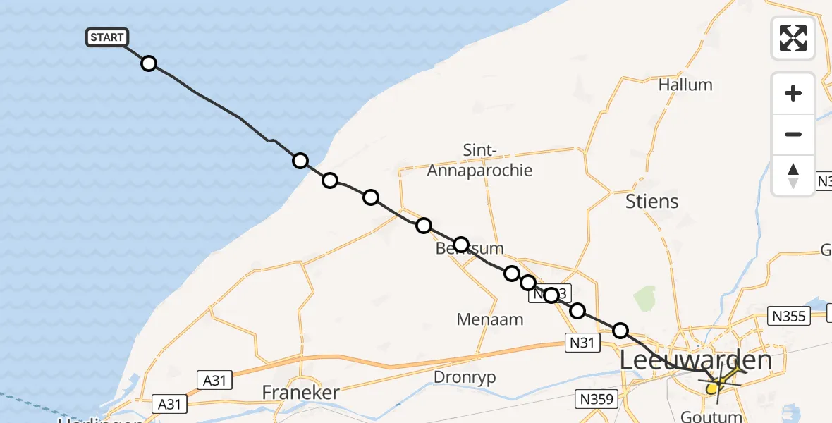 Routekaart van de vlucht: Ambulancehelikopter naar Leeuwarden, Huizum-Dorp