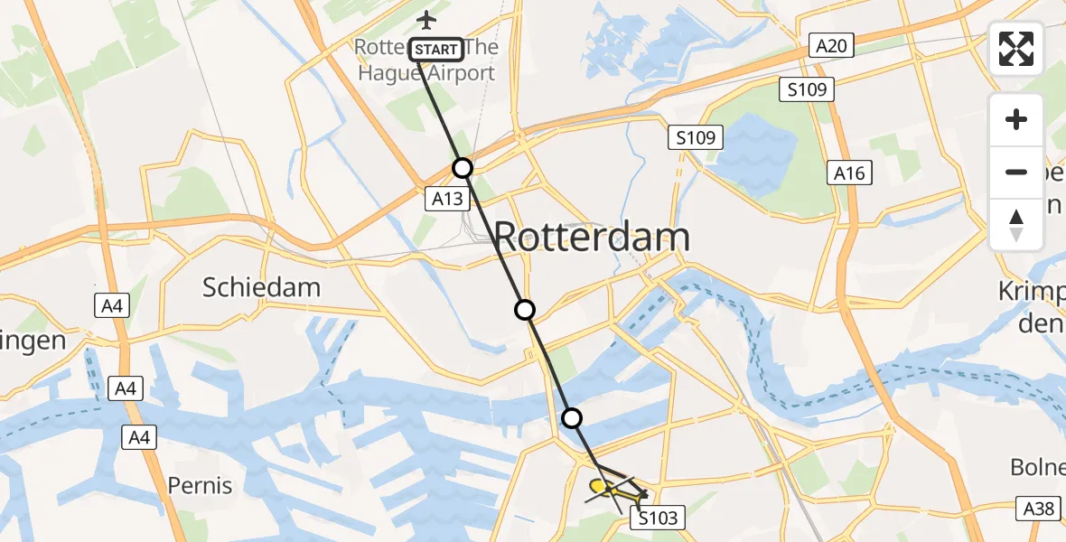 Routekaart van de vlucht: Lifeliner 2 naar Rotterdam, Molenpad