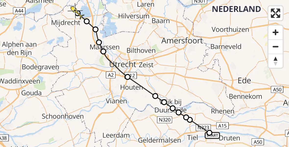 Routekaart van de vlucht: Politieheli naar Waverveen, Waalbandijk