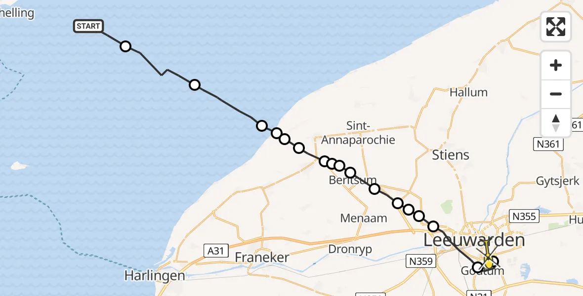 Routekaart van de vlucht: Ambulanceheli naar Leeuwarden, Noorder Balgen