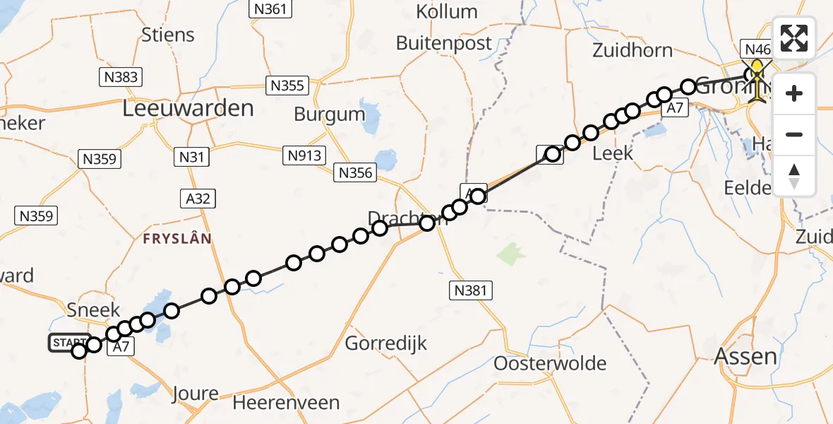 Routekaart van de vlucht: Lifeliner 4 naar Universitair Medisch Centrum Groningen, Louwewei