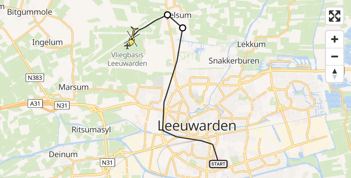 Vluchtroute Ambulancehelikopter van Leeuwarden naar Vliegbasis Leeuwarden
