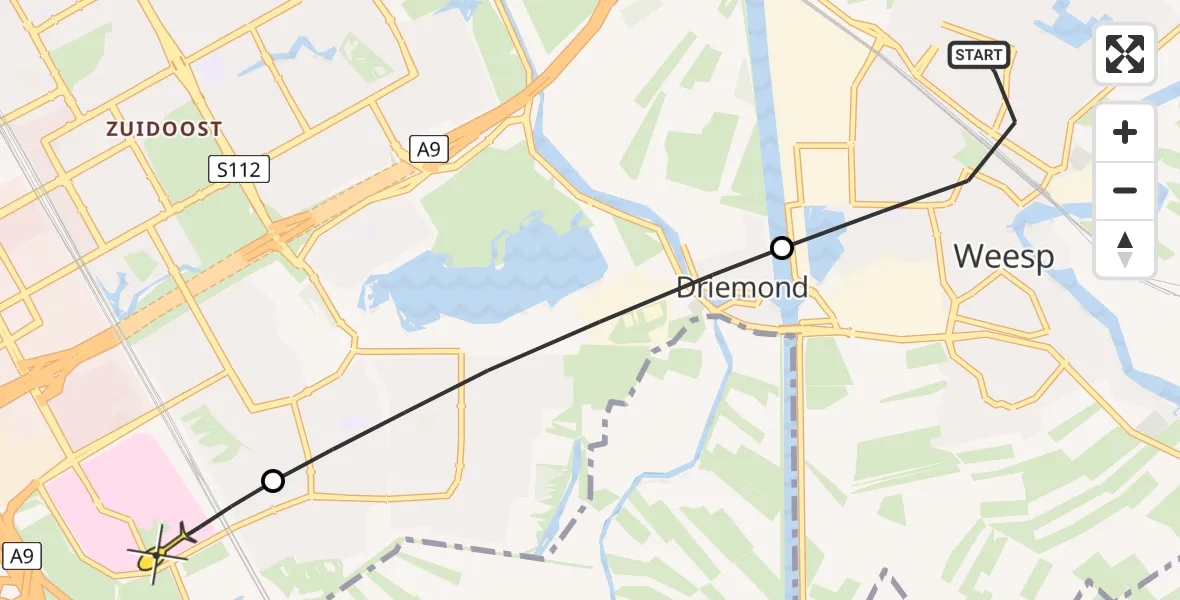 Routekaart van de vlucht: Lifeliner 1 naar Academisch Medisch Centrum (AMC), Rembrandt van Rijnstraat