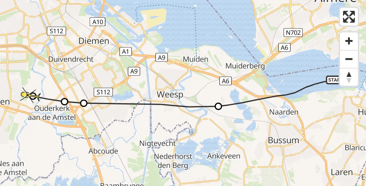 Routekaart van de vlucht: Politiehelikopter naar Amstelveen, Gooimeer