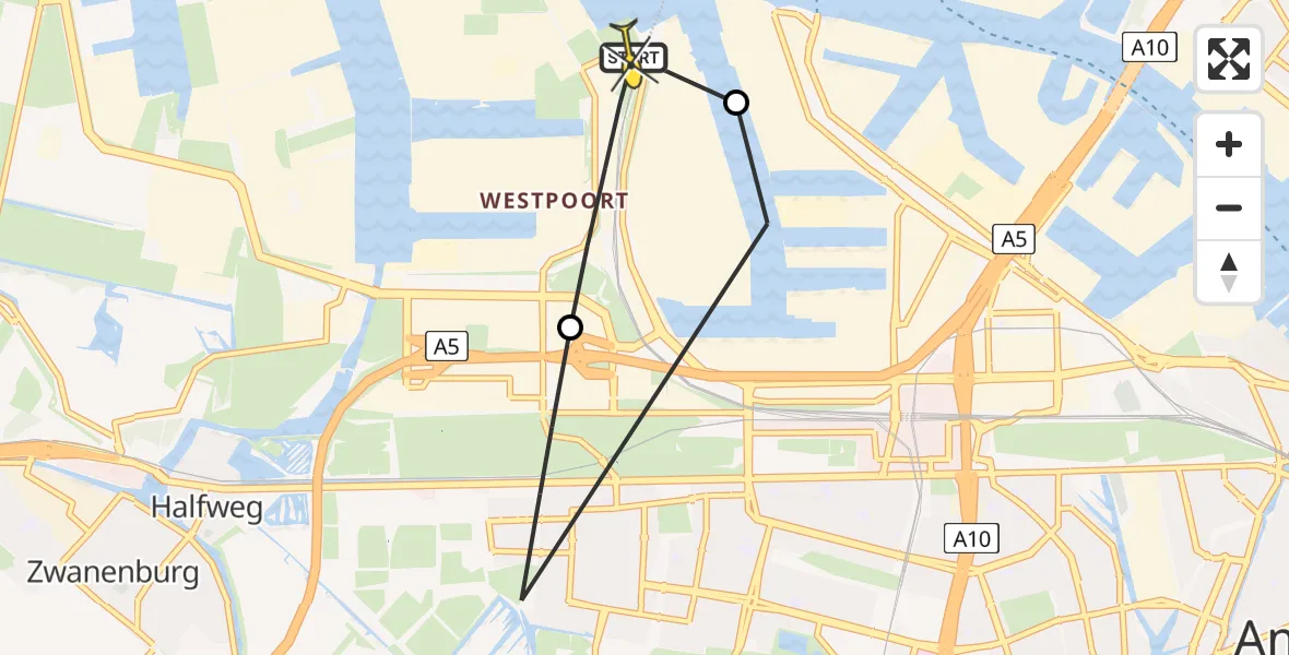 Routekaart van de vlucht: Lifeliner 1 naar Amsterdam Heliport, Nieuw-Zeelandweg