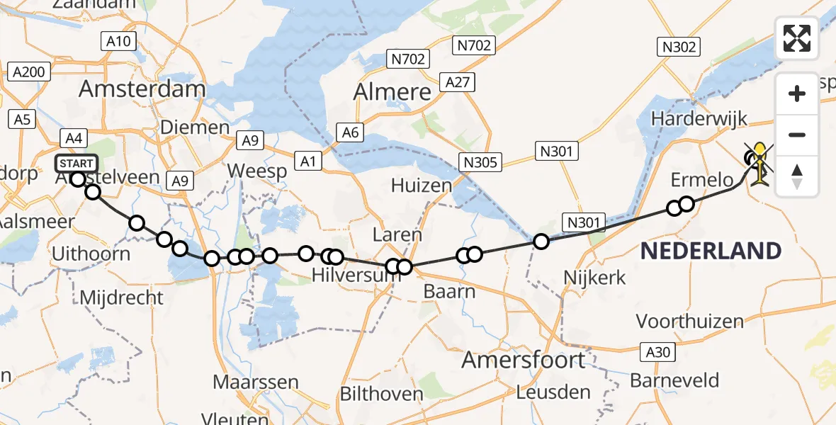 Routekaart van de vlucht: Politieheli naar Ermelo, Amsterdam-Bataviaweg