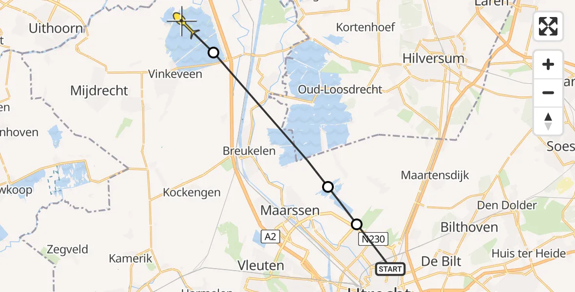 Routekaart van de vlucht: Politieheli naar Vinkeveen, Theemsdreef