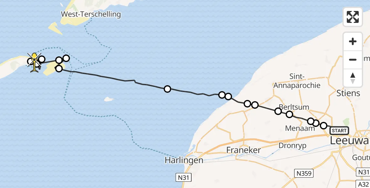 Routekaart van de vlucht: Ambulanceheli naar Vlieland Heliport, Franjumbuorren