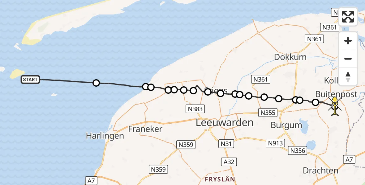 Routekaart van de vlucht: Ambulanceheli naar Buitenpost, Bûtenpostmer Feart